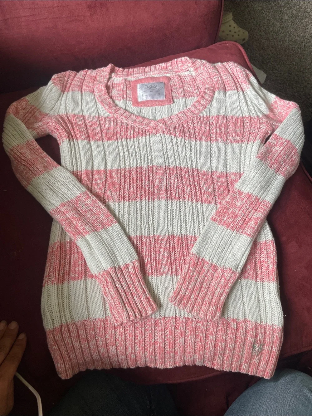 Justice Pink & White Striped V-Neck Ribbed Sweater